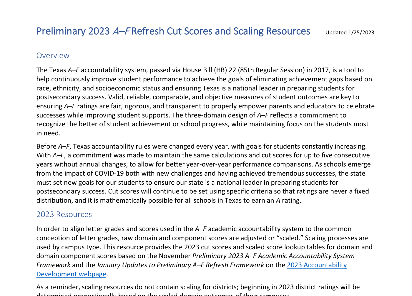 TEA document titled Preliminary 2023 A-F Refresh Cut Scores and Scaling Resources