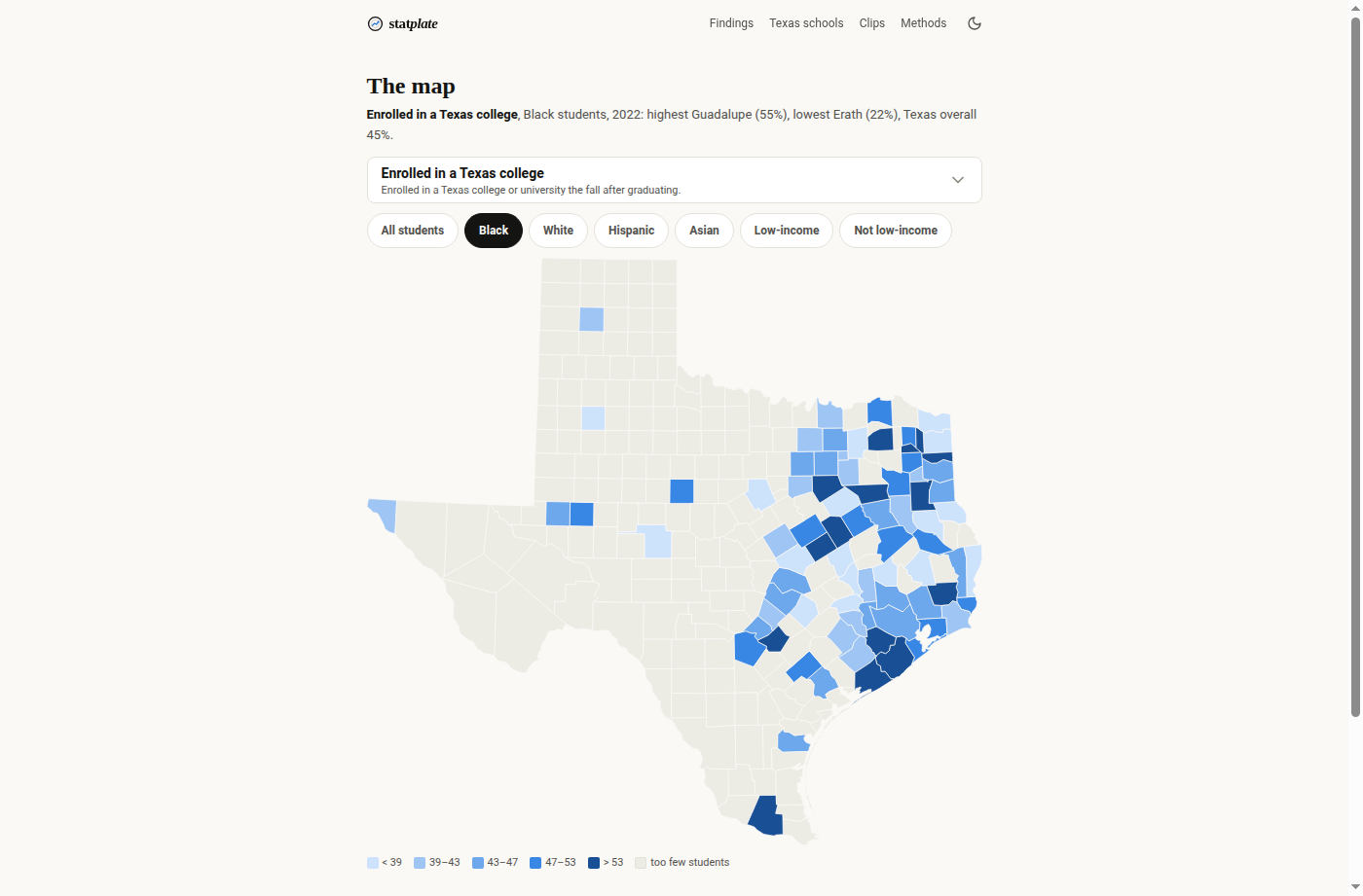 This site's Texas county map shaded by the share of Black graduates enrolling in a Texas college, darker in the eastern metros