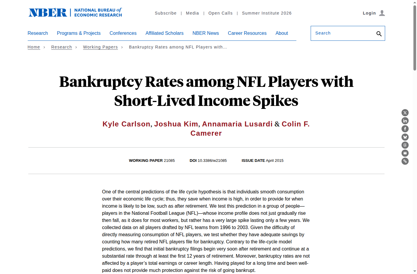NBER working paper page: Bankruptcy Rates among NFL Players with Short-Lived Income Spikes, by Carlson, Kim, Lusardi, and Camerer, with the abstract visible