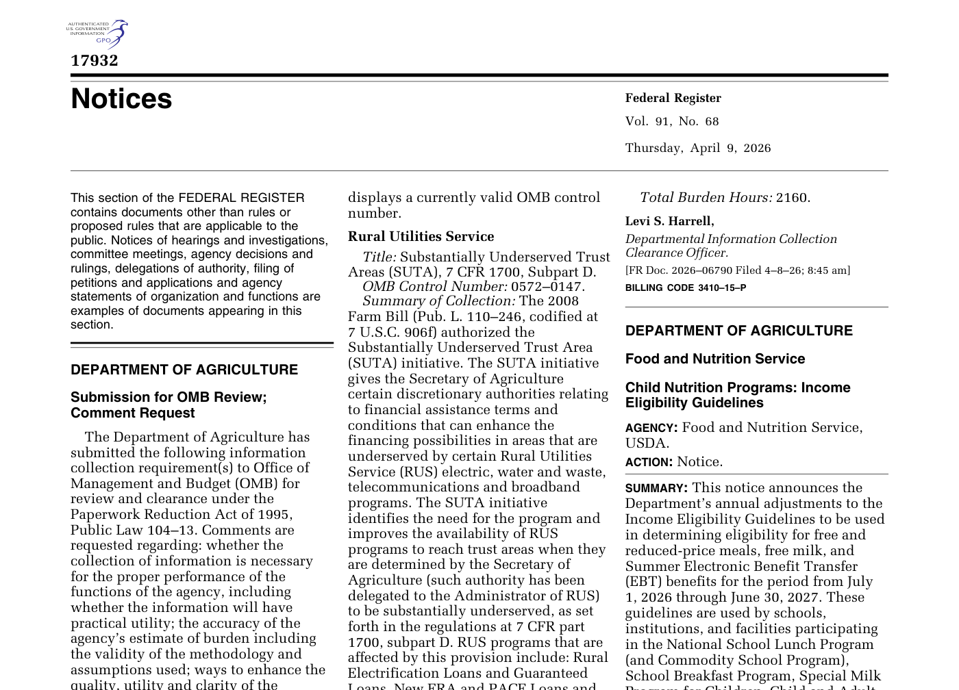 Federal Register notice page: Child Nutrition Programs Income Eligibility Guidelines from the USDA Food and Nutrition Service