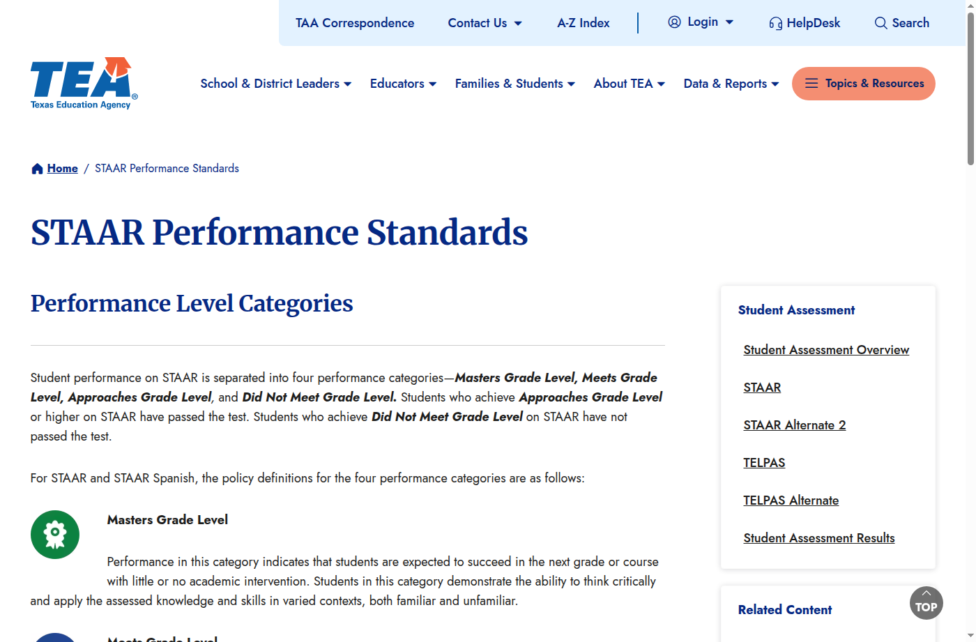 TEA's STAAR Performance Standards page listing the four performance categories including Meets Grade Level